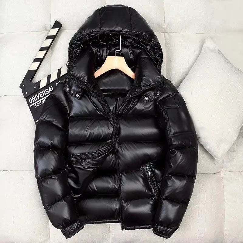 Men Shiny Duck down Coats Winter Hooded Casual down Jackets White Duck down High Quality Male Outdoor Windproof Warm Jackets 3XL